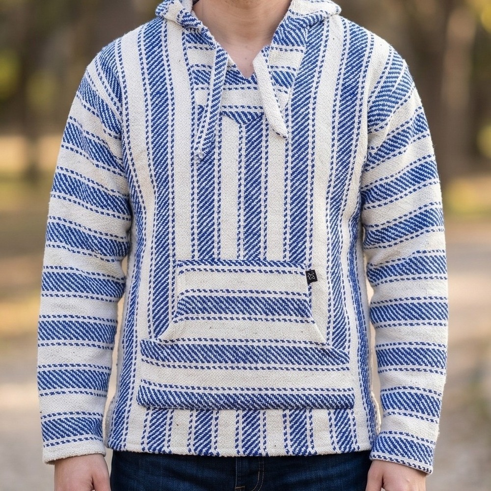 Baja Billys Mens XL Blue White Hoodie Baja Poncho Drug Rug Striped Woven
